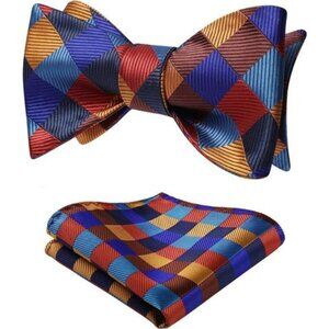 Check Plaid Self Tie Bow Tie and Pocket A-orange / Blue